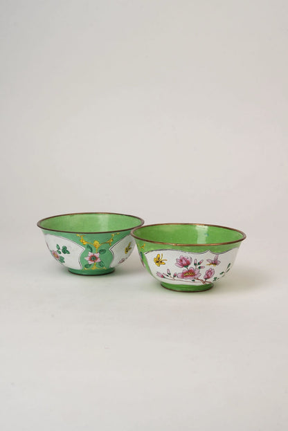 Pair of Hand‑Painted Apple‑Green Enamel Bowls