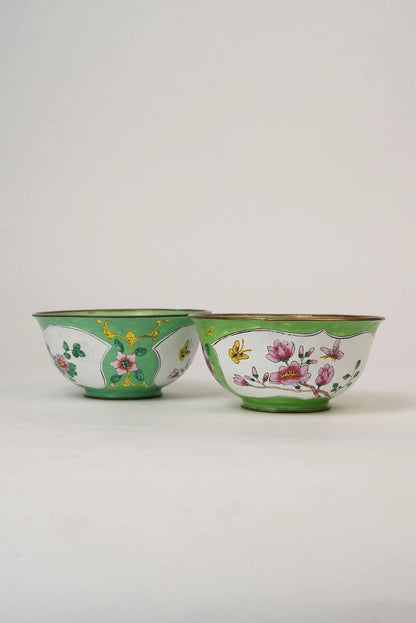 Pair of Hand‑Painted Apple‑Green Enamel Bowls