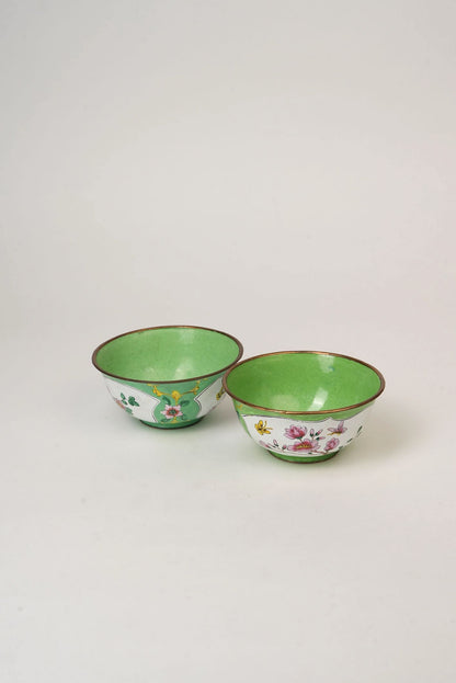 Pair of Hand‑Painted Apple‑Green Enamel Bowls