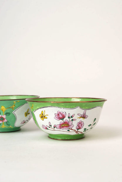 Pair of Hand‑Painted Apple‑Green Enamel Bowls