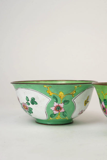 Pair of Hand‑Painted Apple‑Green Enamel Bowls