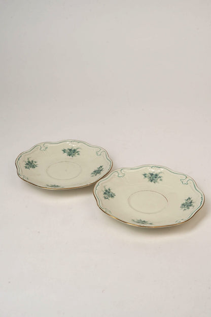 Pair of Teal Garland Saucers with Gilded Rim