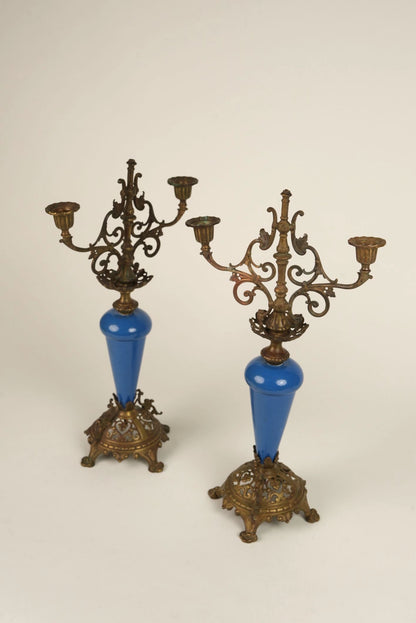 Rare Antique French Brass & Porcelain Candle Stands | Set of 2