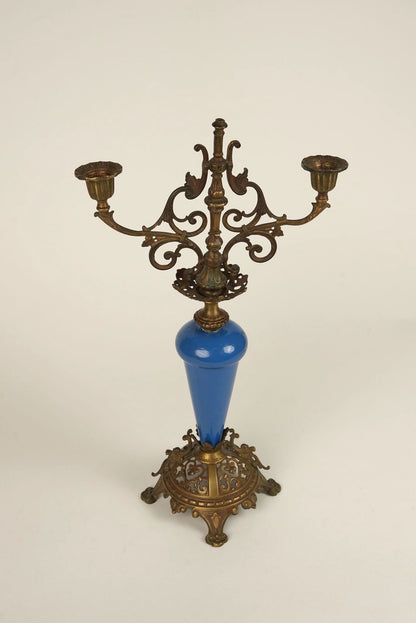 Rare Antique French Brass & Porcelain Candle Stands | Set of 2
