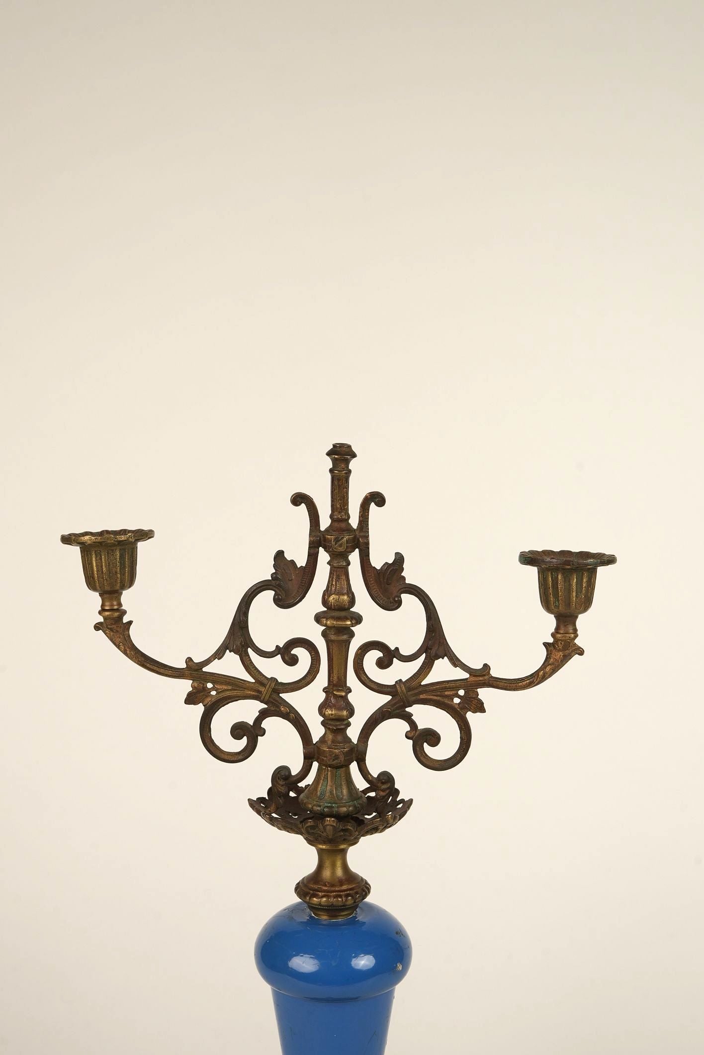 Rare Antique French Brass & Porcelain Candle Stands | Set of 2