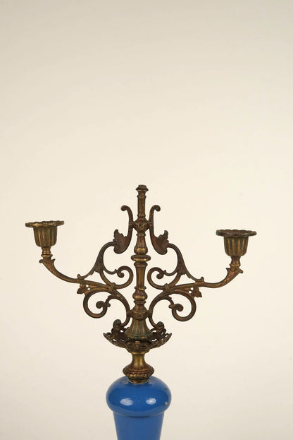 Rare Antique French Brass & Porcelain Candle Stands | Set of 2