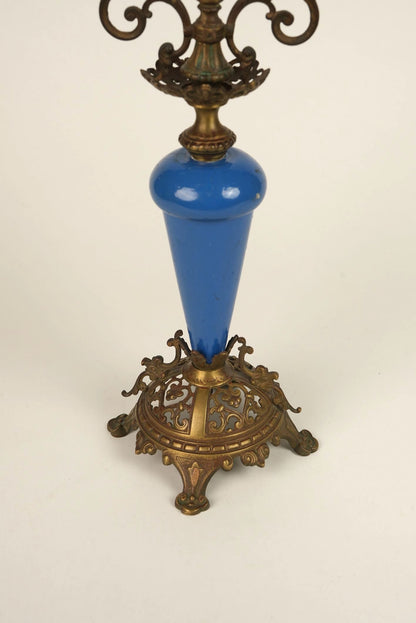 Rare Antique French Brass & Porcelain Candle Stands | Set of 2