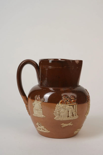 Royal Doulton Stoneware Jug with Moulded Farming Scenes, Edwardian