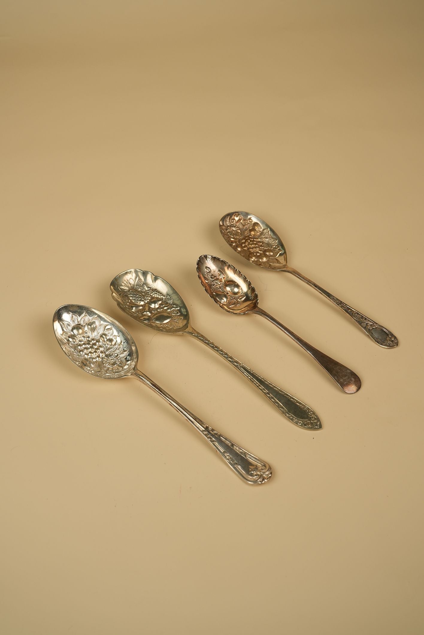 Antique Silver-Plated Berry Spoon with Embossed Floral & Grape Bowl