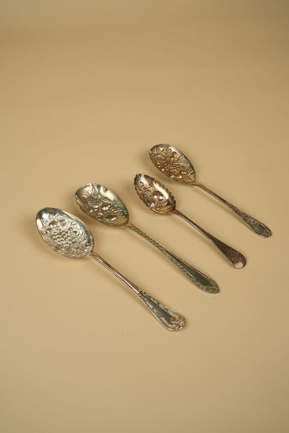 Antique Silver-Plated Berry Spoon with Embossed Floral & Grape Bowl