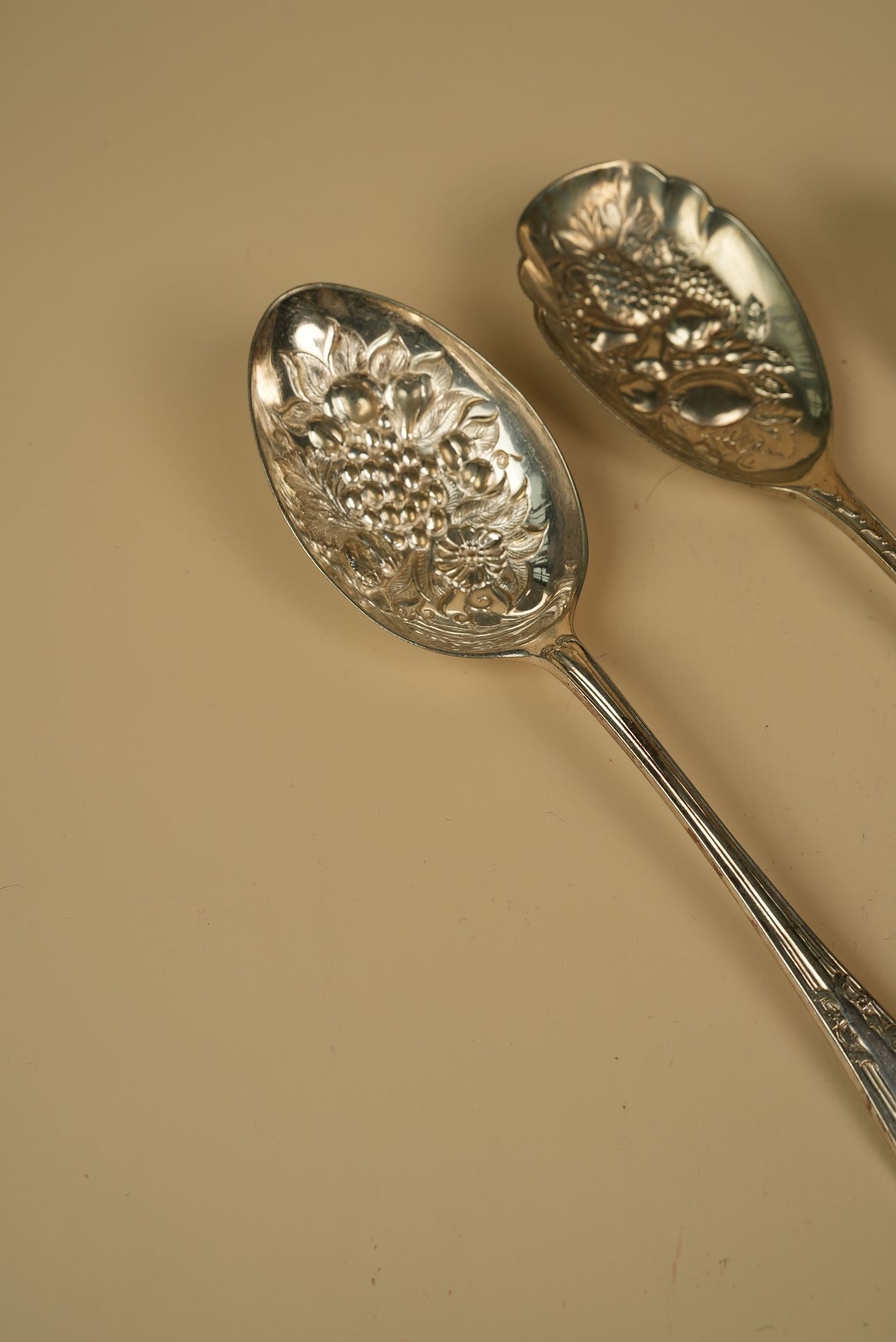 Antique Silver-Plated Serving Spoon with Embossed Fruit & Floral Bowl