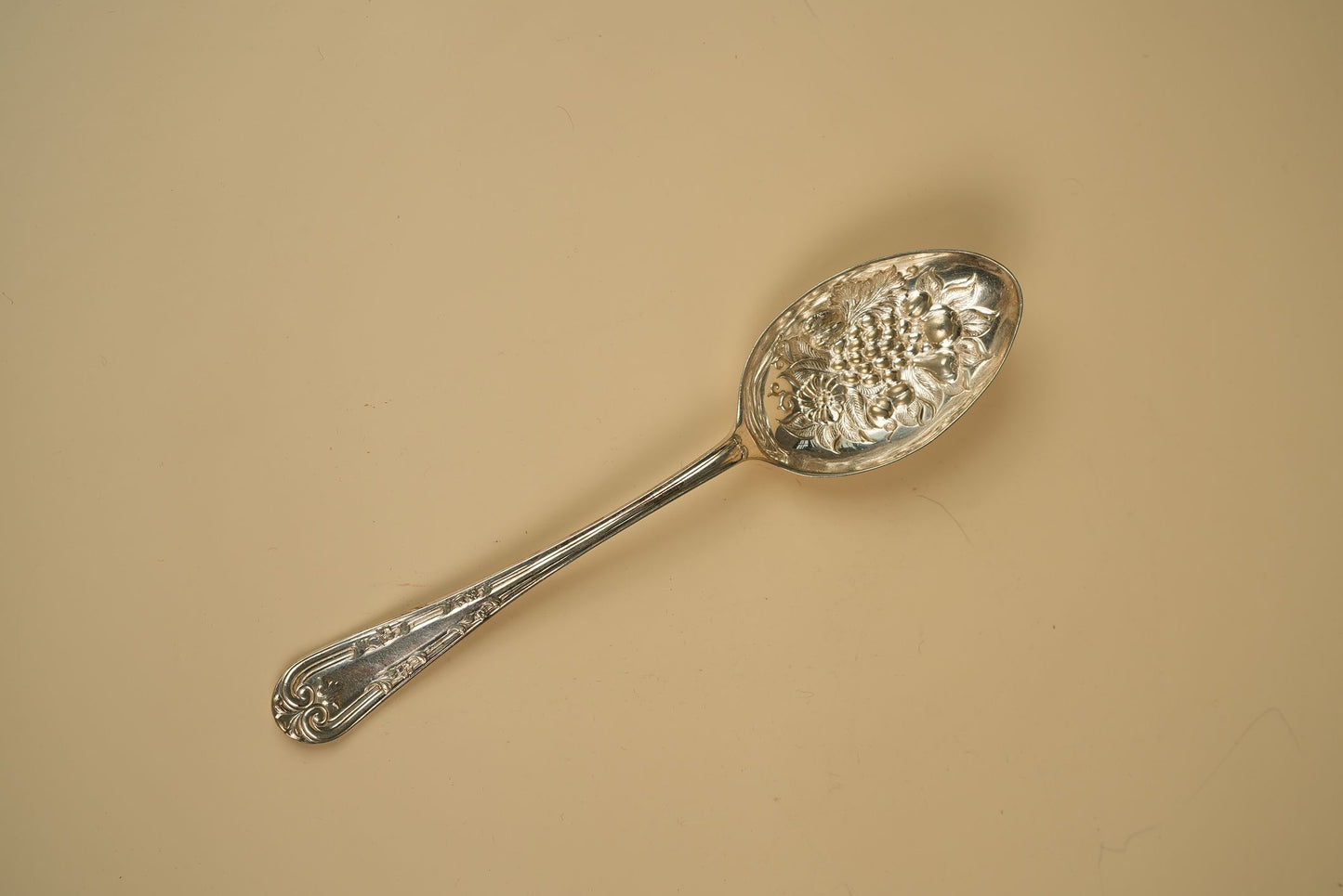 Antique Silver-Plated Serving Spoon with Embossed Fruit & Floral Bowl