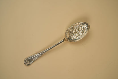 Antique Silver-Plated Serving Spoon with Embossed Fruit & Floral Bowl