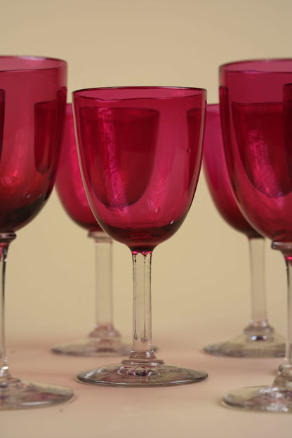 Set of 7 | Victorian Cranberry Glass Wine Glasses