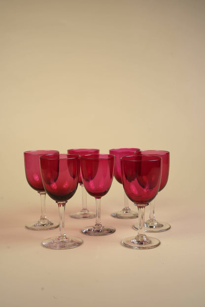 Set of 7 | Victorian Cranberry Glass Wine Glasses