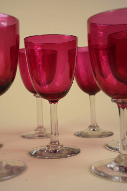 Set of 7 | Victorian Cranberry Glass Wine Glasses