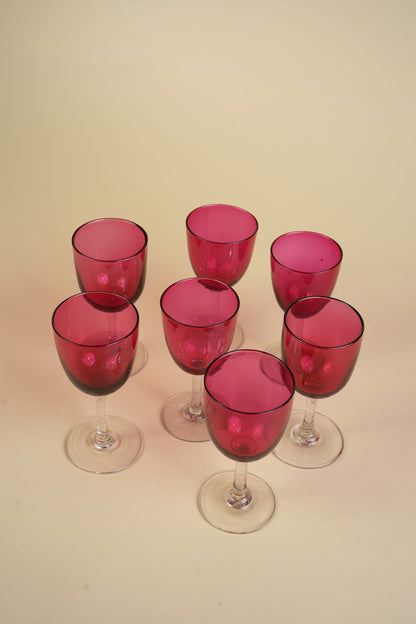 Set of 7 | Victorian Cranberry Glass Wine Glasses