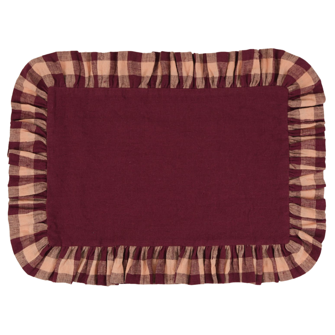 Burgundy Linen With Gingham Frill Placemats | Set of 2