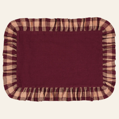 Burgundy Linen With Gingham Frill Placemats | Set of 2