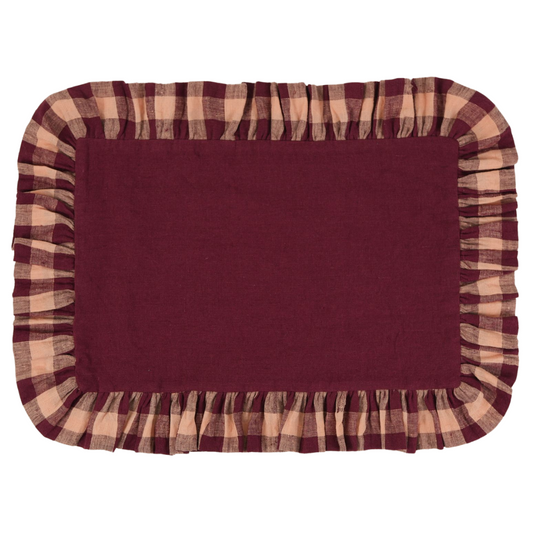 Burgundy Linen With Gingham Frill Placemats | Set of 2