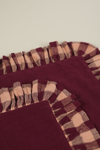 Burgundy Linen With Gingham Frill Placemats | Set of 2