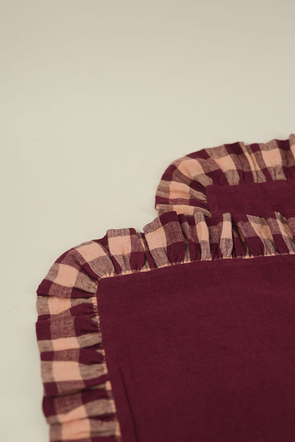 Burgundy Linen With Gingham Frill Placemats | Set of 2