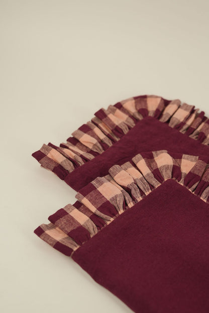 Burgundy Linen With Gingham Frill Placemats | Set of 2