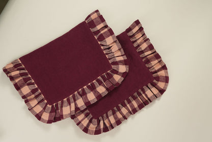 Burgundy Linen With Gingham Frill Placemats | Set of 2