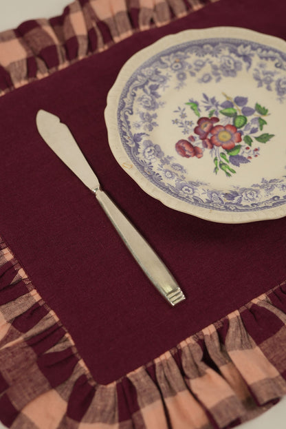 Burgundy Linen With Gingham Frill Placemats | Set of 2