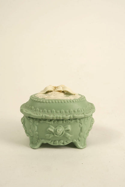 Victorian-Style Green Cameo Trinket Box with Floral Lid