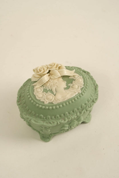 Victorian-Style Green Cameo Trinket Box with Floral Lid