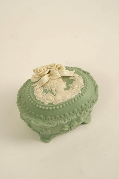 Victorian-Style Green Cameo Trinket Box with Floral Lid