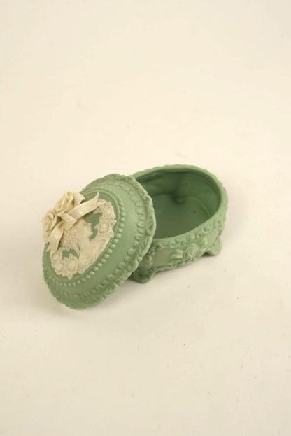 Victorian-Style Green Cameo Trinket Box with Floral Lid