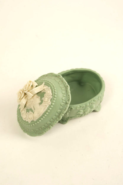 Victorian-Style Green Cameo Trinket Box with Floral Lid