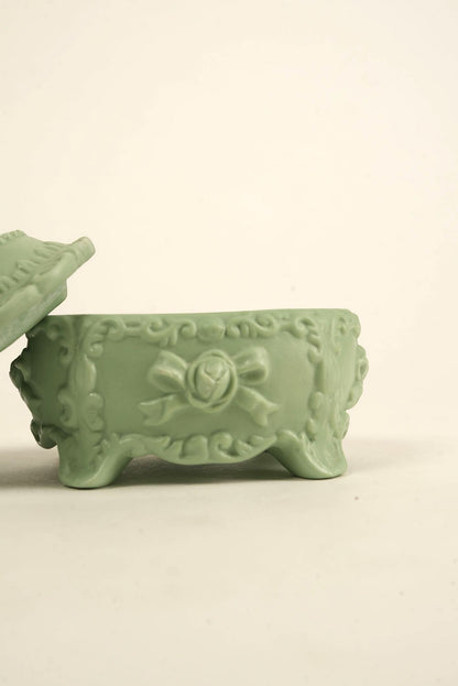 Victorian-Style Green Cameo Trinket Box with Floral Lid