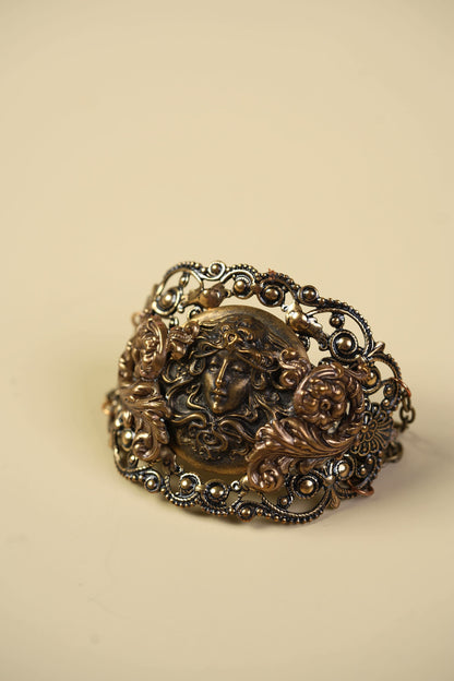 Victorian Brass Hand Cuff with Repousse Classical Face & Filigree Scrollwork