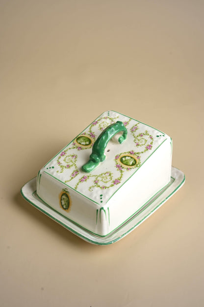 Victorian Ceramic Butter Dish with Green Vine & Pink Floral Decoration