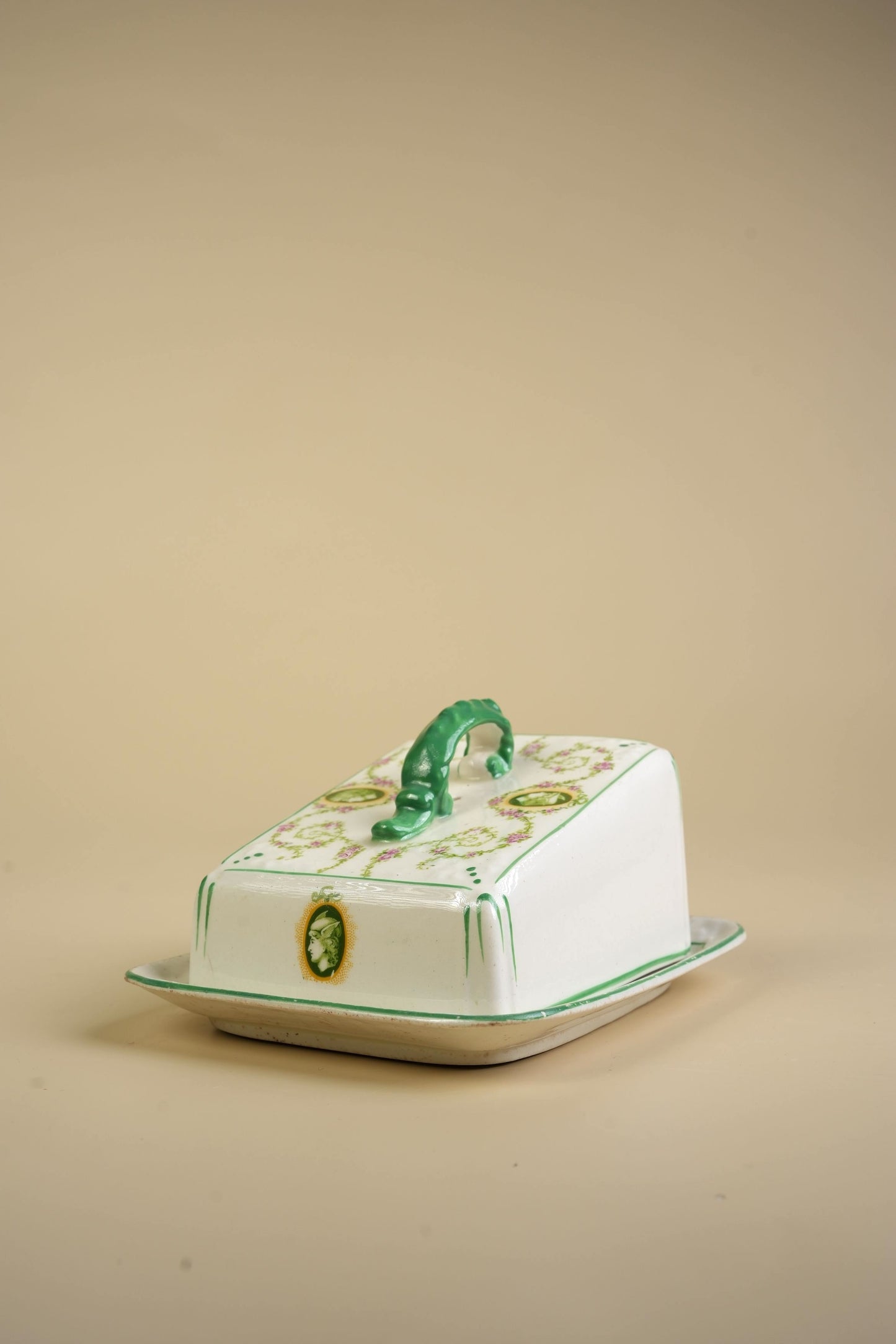 Victorian Ceramic Butter Dish with Green Vine & Pink Floral Decoration