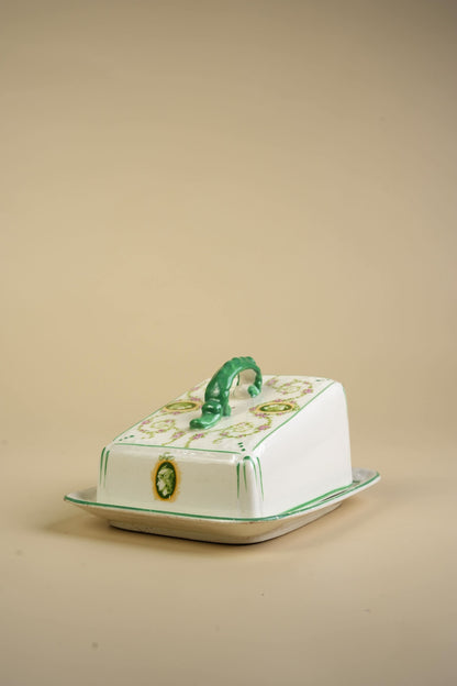 Victorian Ceramic Butter Dish with Green Vine & Pink Floral Decoration