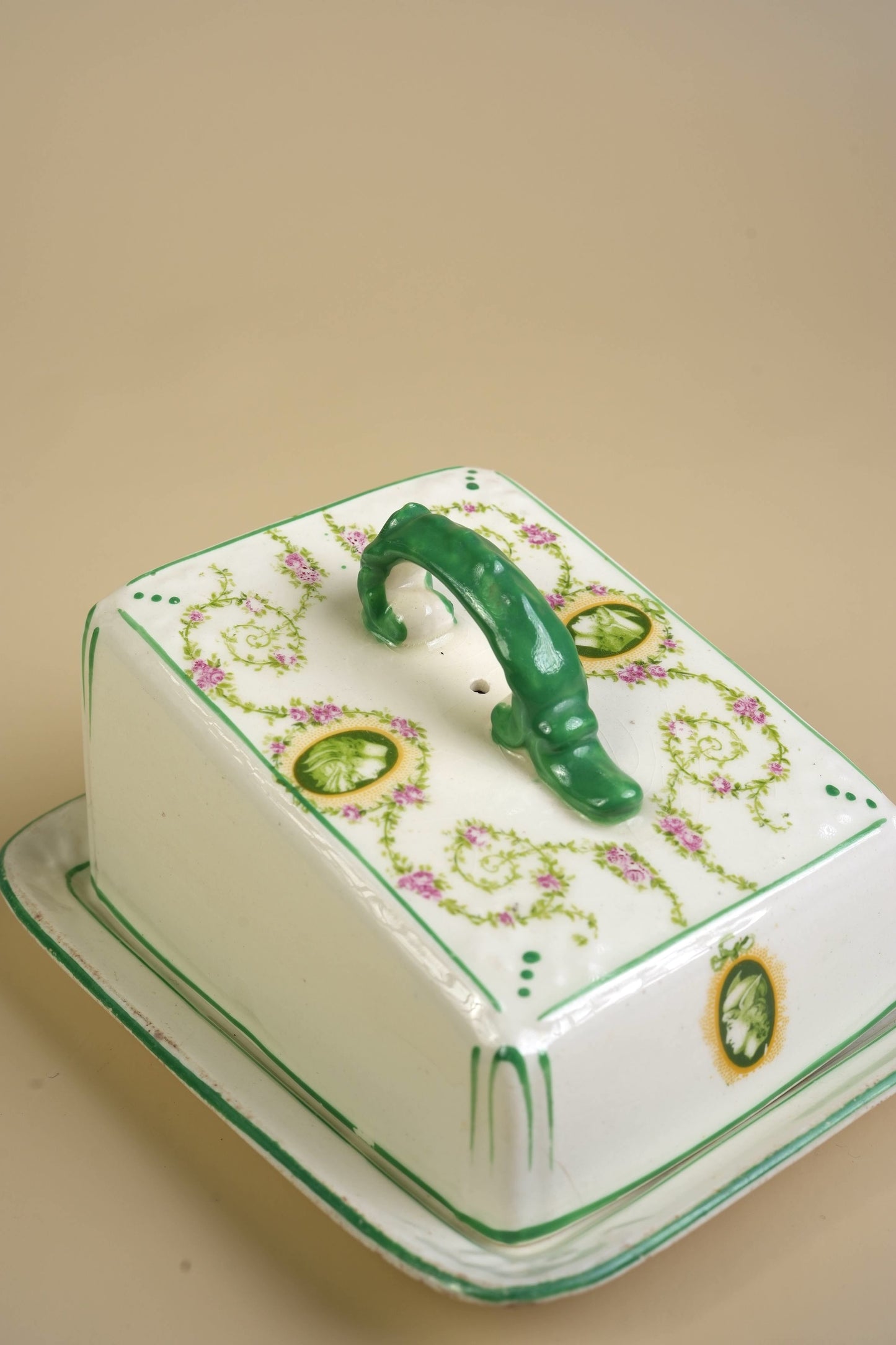 Victorian Ceramic Butter Dish with Green Vine & Pink Floral Decoration