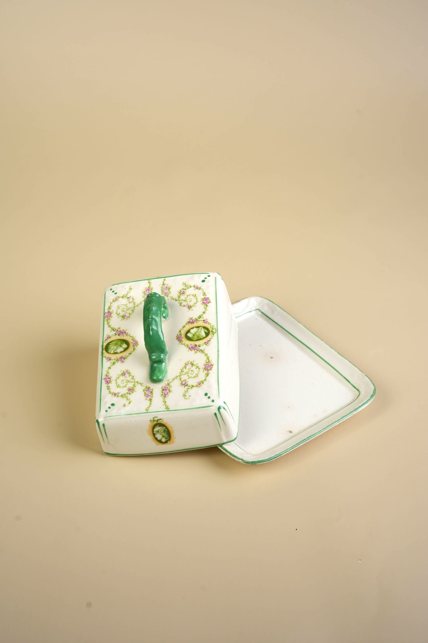 Victorian Ceramic Butter Dish with Green Vine & Pink Floral Decoration