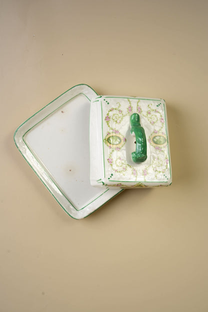 Victorian Ceramic Butter Dish with Green Vine & Pink Floral Decoration