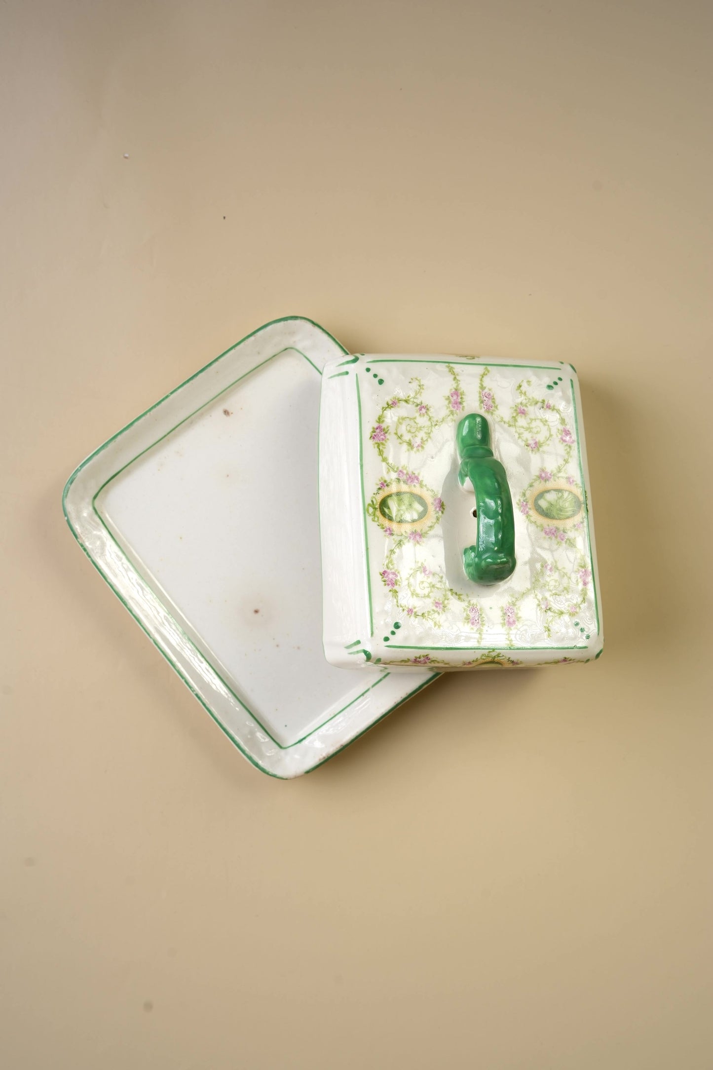 Victorian Ceramic Butter Dish with Green Vine & Pink Floral Decoration