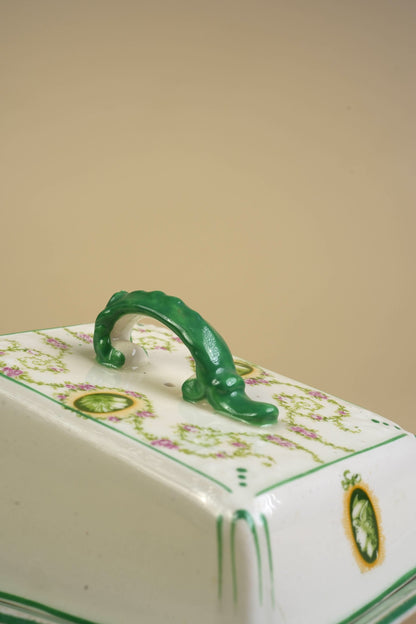 Victorian Ceramic Butter Dish with Green Vine & Pink Floral Decoration
