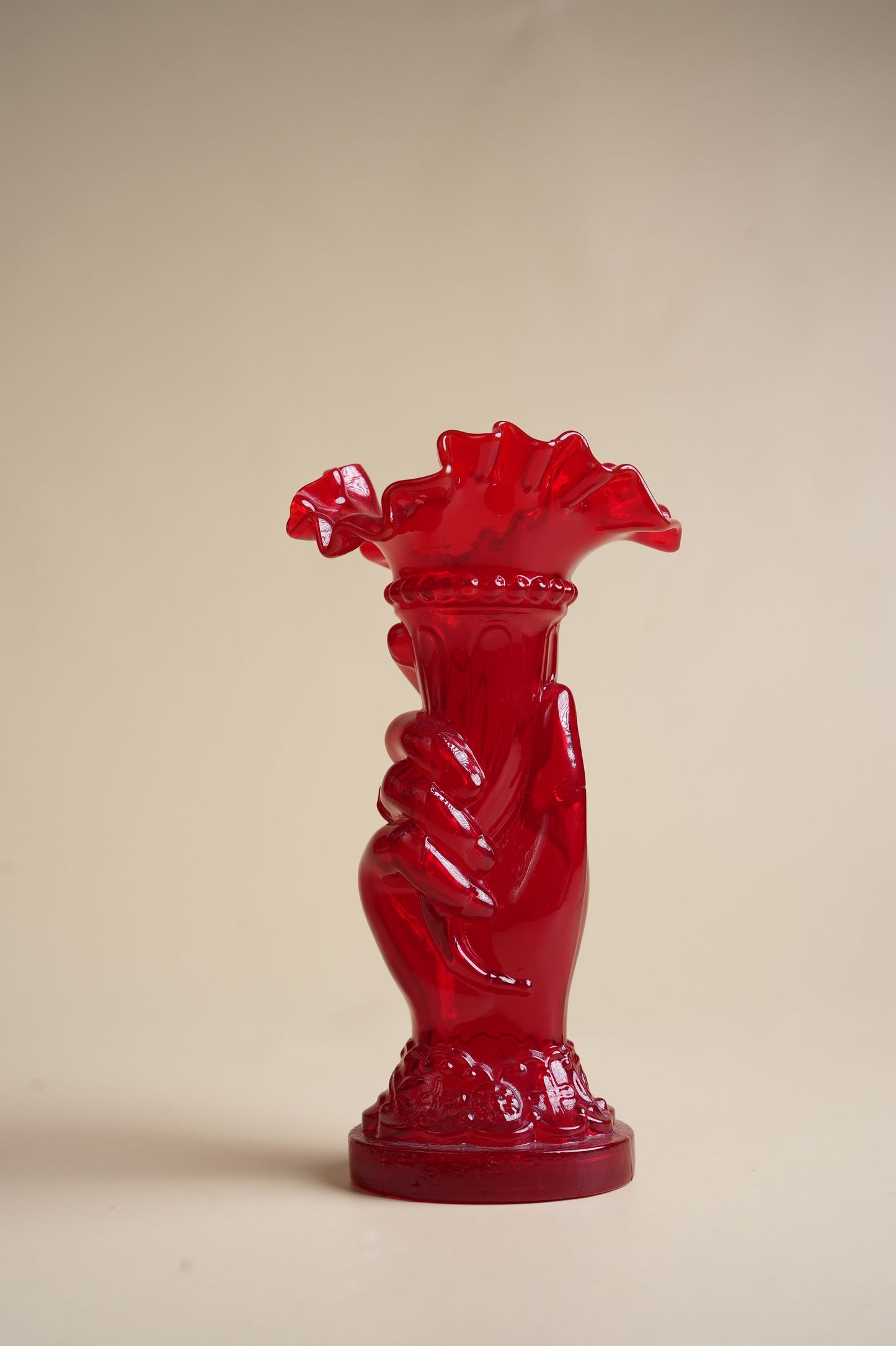 Victorian Ruby Red Pressed Glass Hand Vase