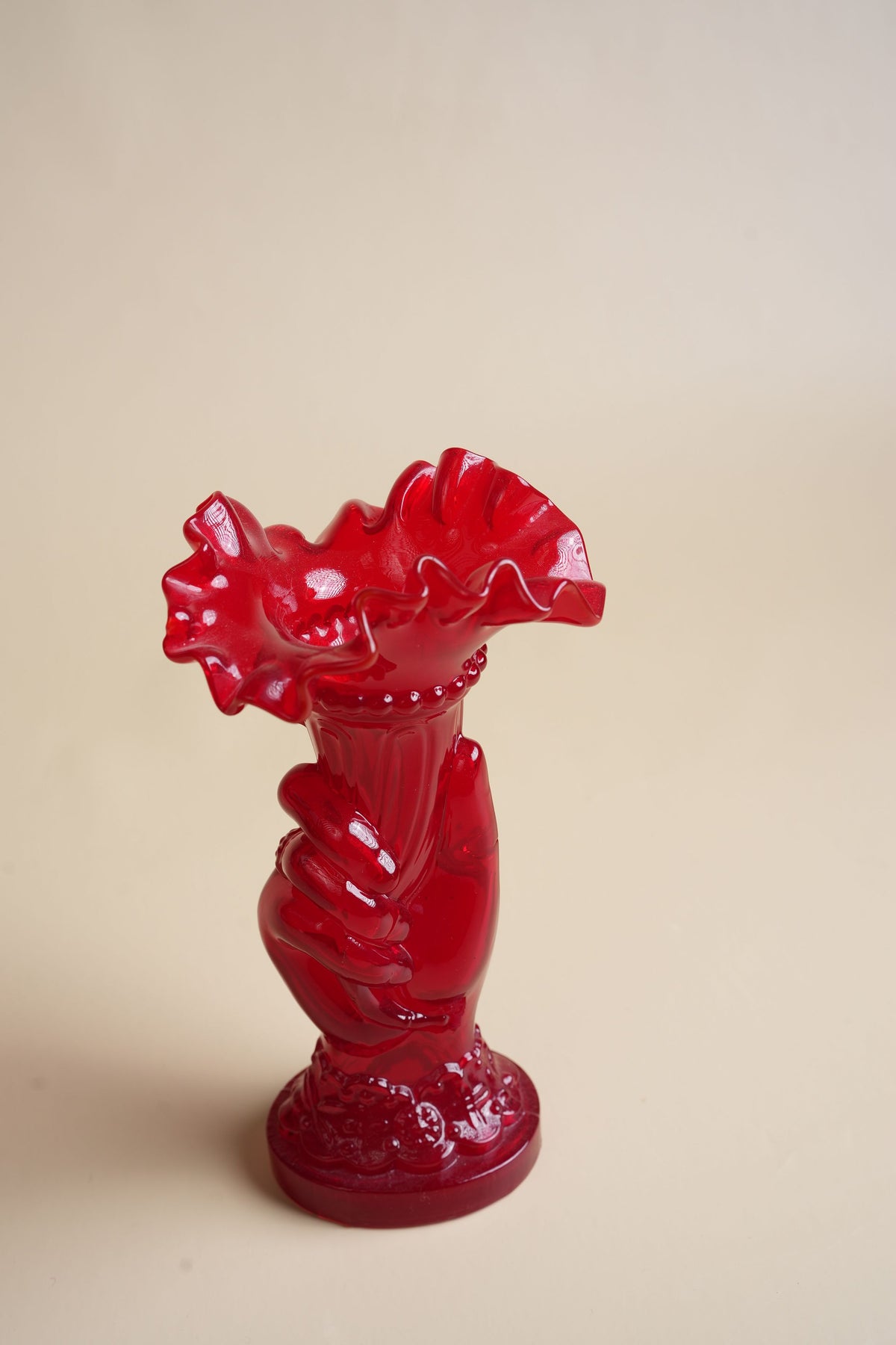 Victorian Ruby Red Pressed Glass Hand Vase