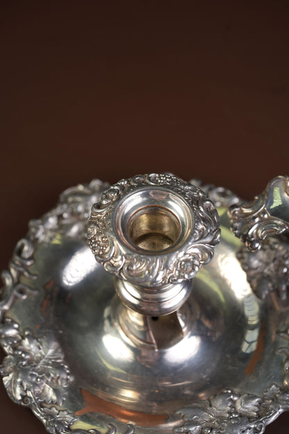 Victorian Silver-Plated Candleholders with Repousse Grape Border