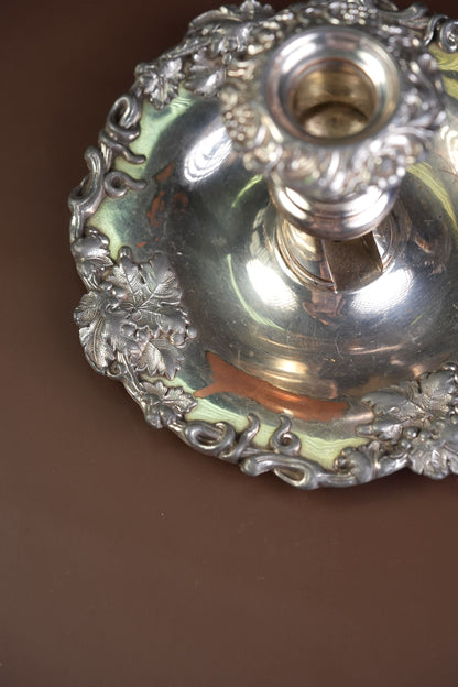 Victorian Silver-Plated Candleholders with Repousse Grape Border