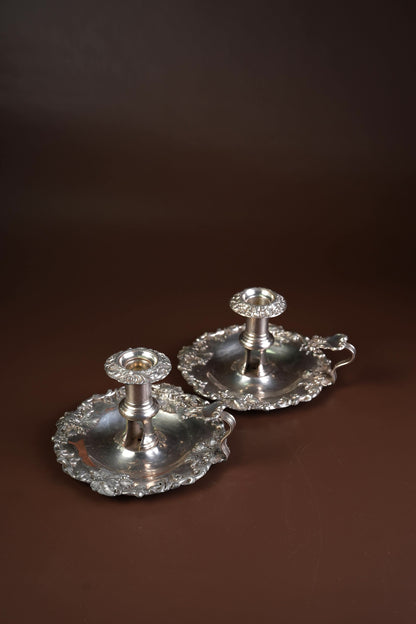 Victorian Silver-Plated Candleholders with Repousse Grape Border