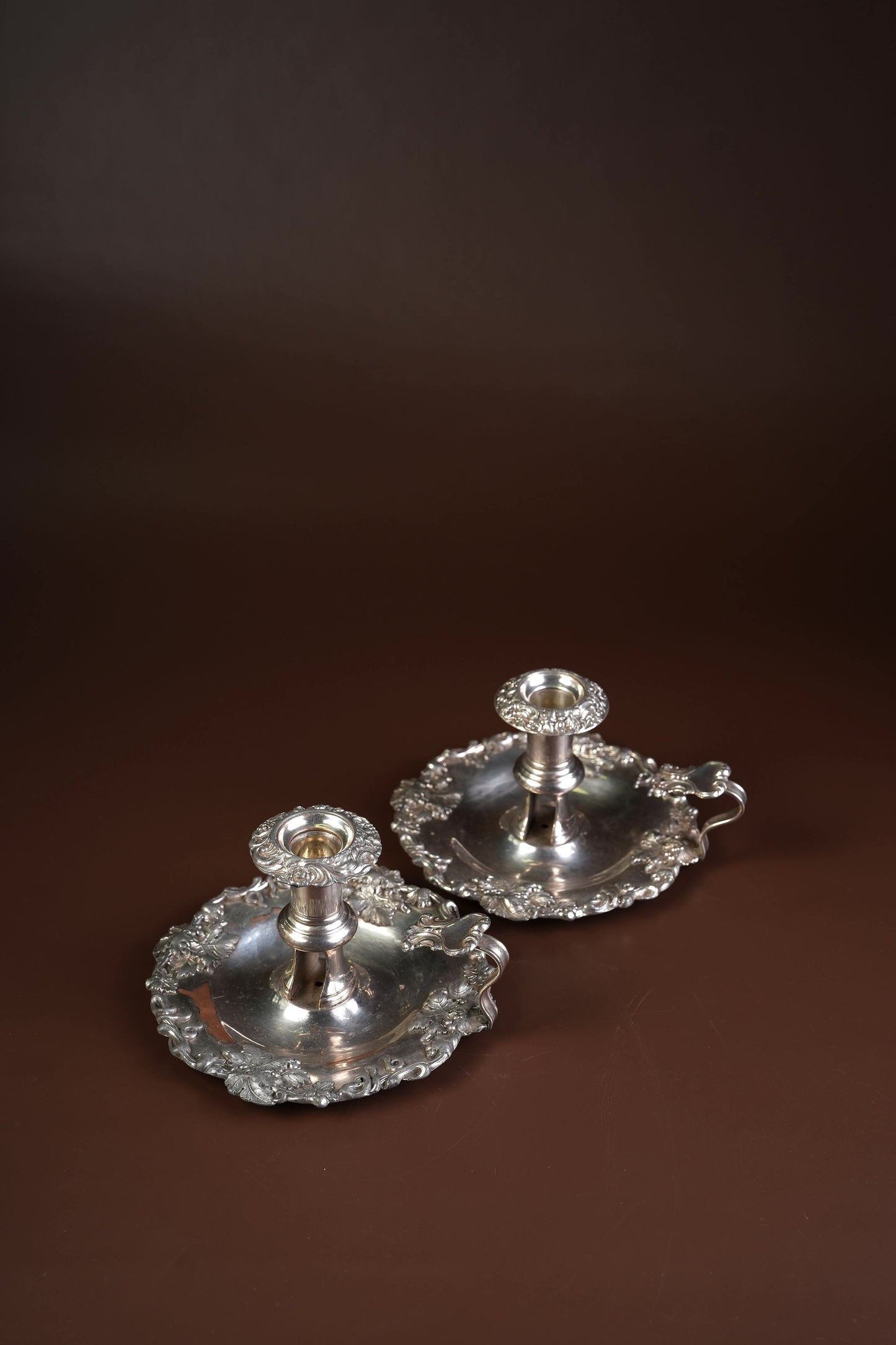 Victorian Silver-Plated Candleholders with Repousse Grape Border